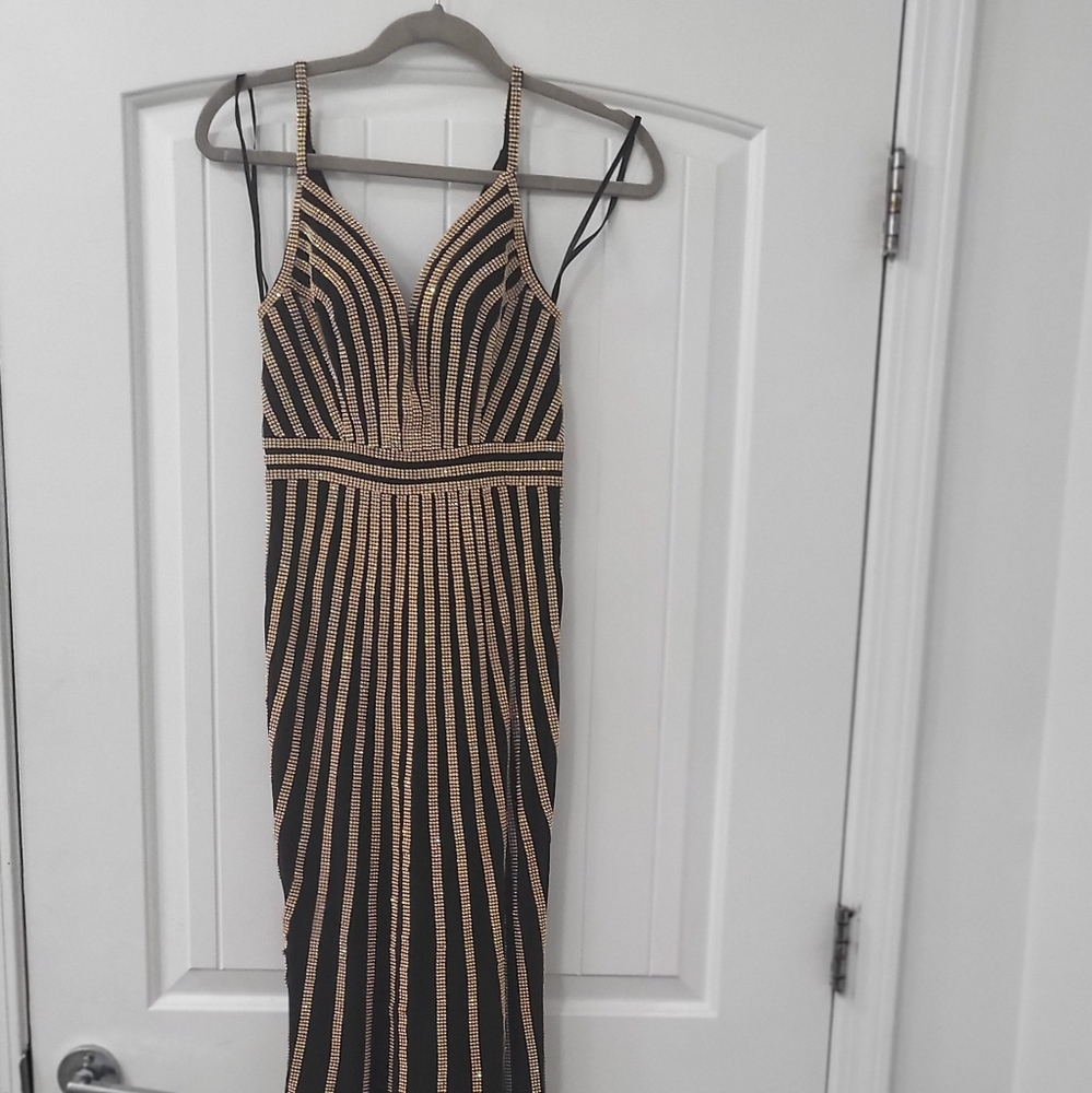 Elegant Black and Gold Striped Women's Dress Anny Less